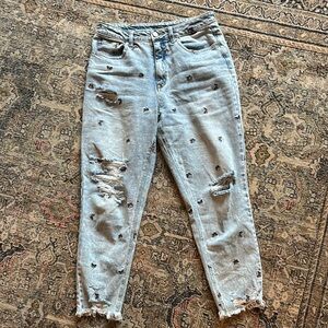 Butterfly embroidered Distressed Light Blue Women's Jeans